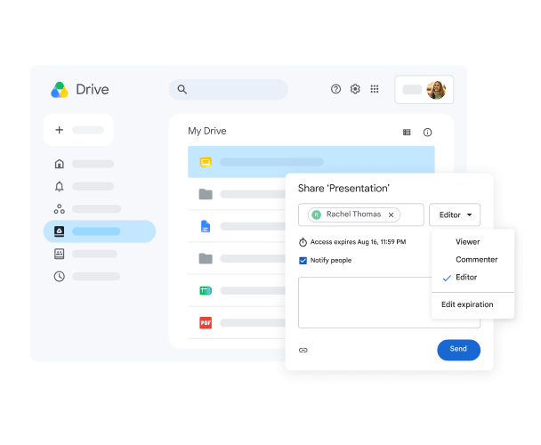 A Google Drive sharing dialog with editor permissions and an expiry date