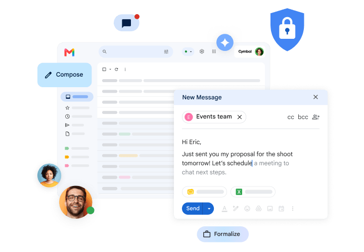 Layered Gmail inbox and compose window with Gemini and security details