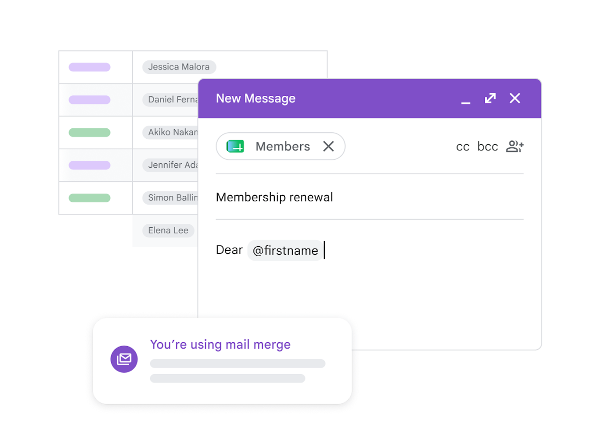 A Gmail message demonstrating personalised mail merge fields